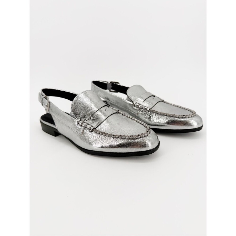 Anne Klein Believer Metallic Slingback Penny Loafers Silver Buckle 5.5 NEW
